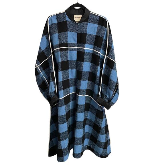 LOVEBIRDS Pure Wool Balloon Sleeve Zip Up Maxi Dress Blue Black Plaid Size Large - Picture 1 of 8